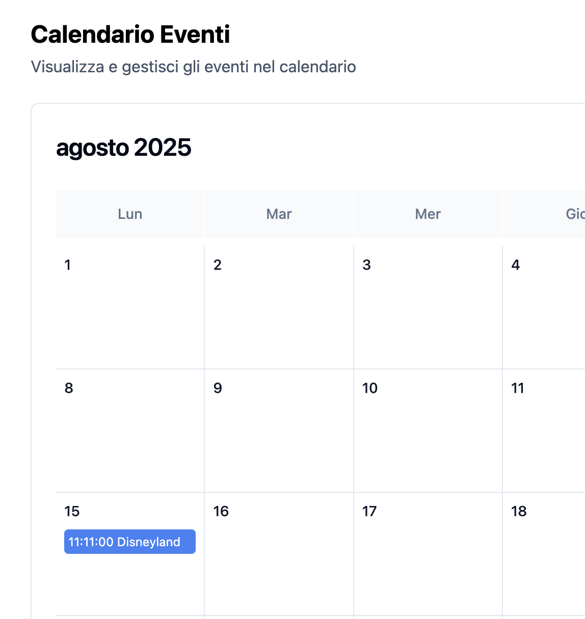 Calendario eventi e disponibilità
